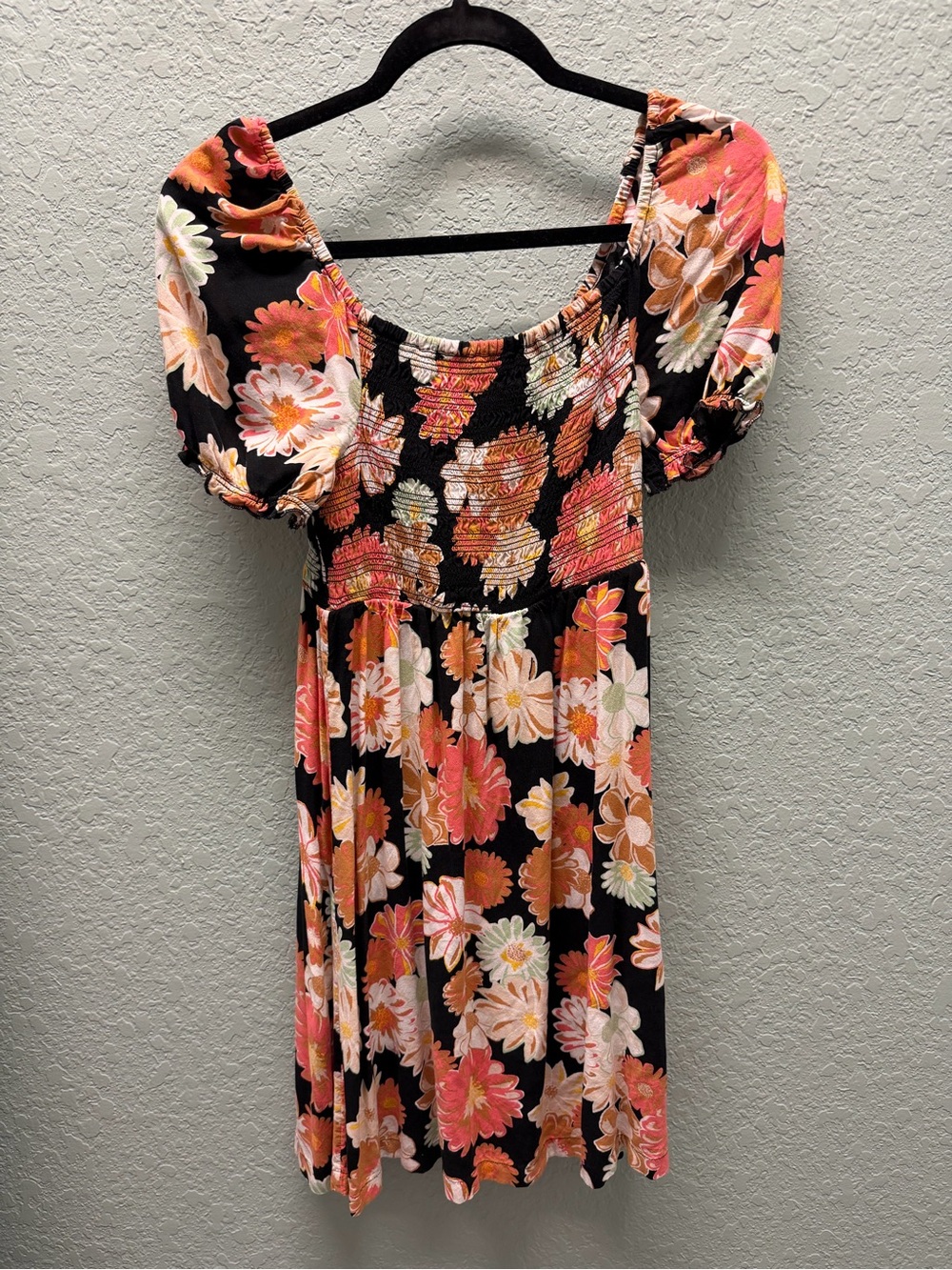 Roxy Black Floral Smocked Dress with Coral & Cream Blooms